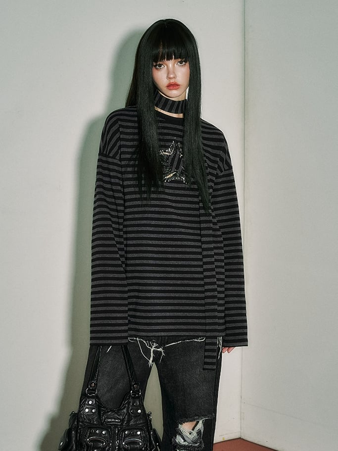 Punk Star Black Striped Top Pins Sleeves and Loose Gray Long