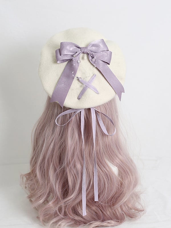 6-Color Bowknot Cute Ribbon Beret With Lolita Off-White Optional