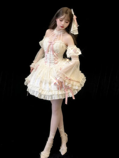 Cross Belle Elfenbein und Rosa Korsettkleid Neckholder Balletcore Lolita JSK