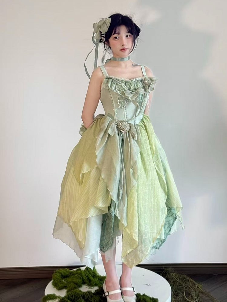 Green Butterfly Theme Lolita JSK with Asymmetrical Hem Sizes S-3XL - Sweet Wood Lolita