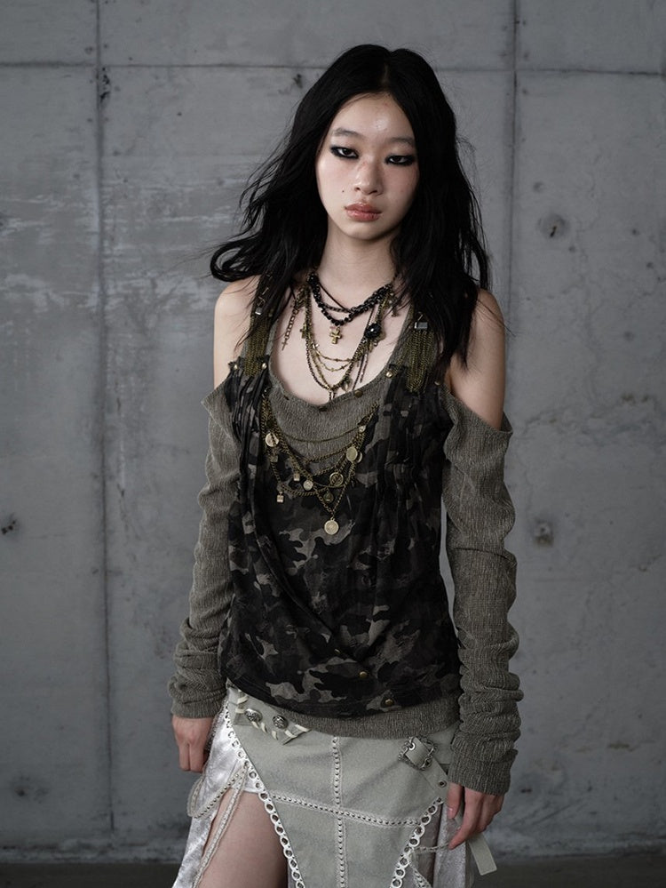 Studded Design Camo Accents Green Vintage Knit Cold-Shoulder Punk with Top