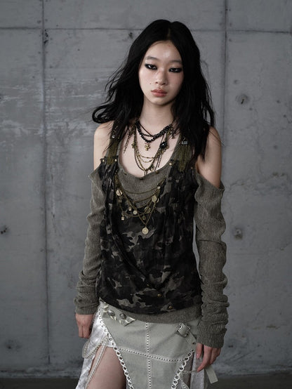Studded Design Camo Accents Green Vintage Knit Cold-Shoulder Punk with Top
