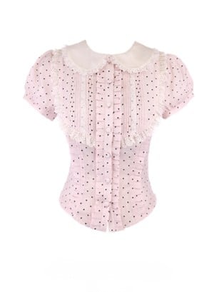 Polka Dot Accents Blouse With Dollcore Pink Cotton Black