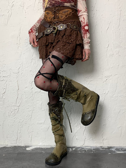 Rot-schwarze Y2K-Strumpfhose mit Herzmuster