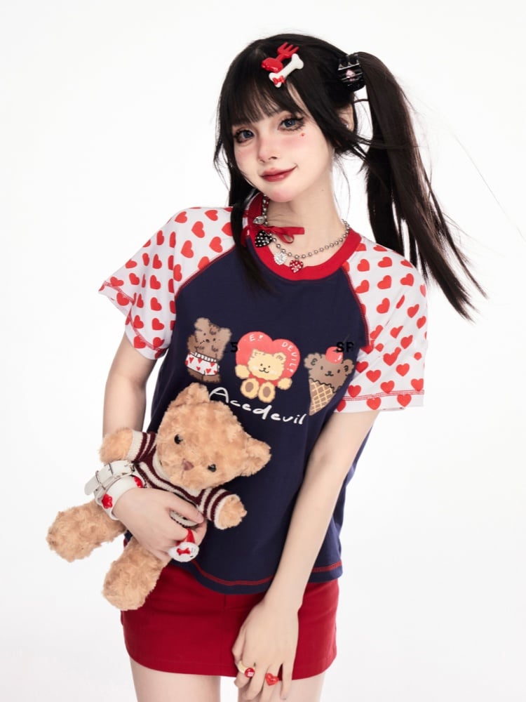 パターン ネイビーブルー カラーブロック デザイン テディベア プリント Tシャツ ハート