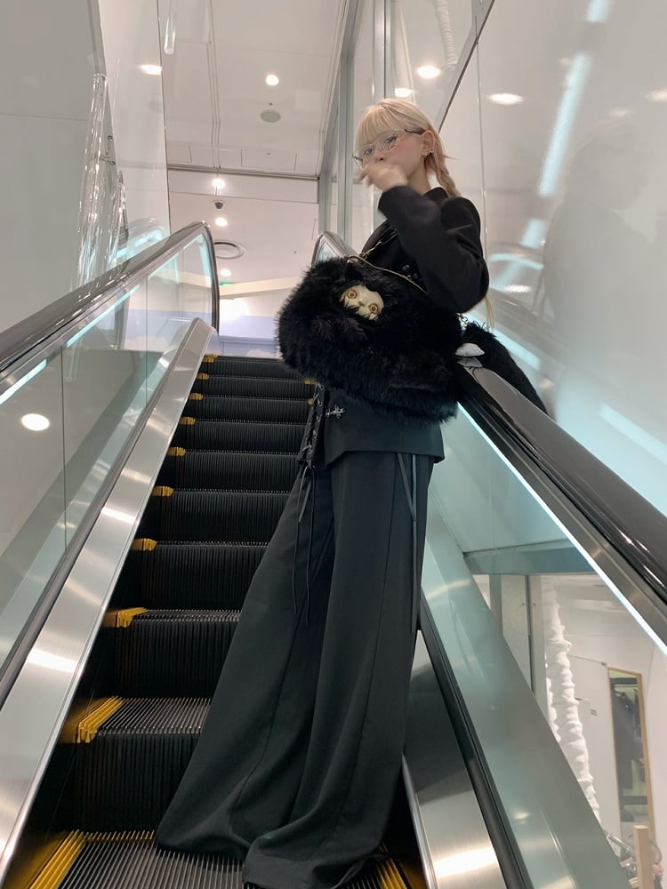 Black Pants Detailing Suit Wide-Leg with Lace-Up