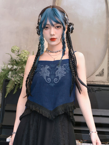 Seepferdchen-Cheongsam-Oberteil und Cami-Saum-Stil, Quaste, dunkle Stickerei, Korallenblau