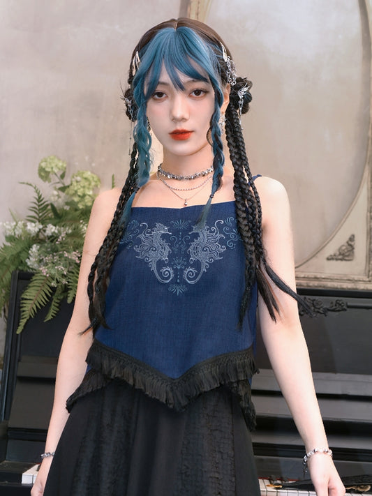 Seepferdchen-Cheongsam-Oberteil und Cami-Saum-Stil, Quaste, dunkle Stickerei, Korallenblau