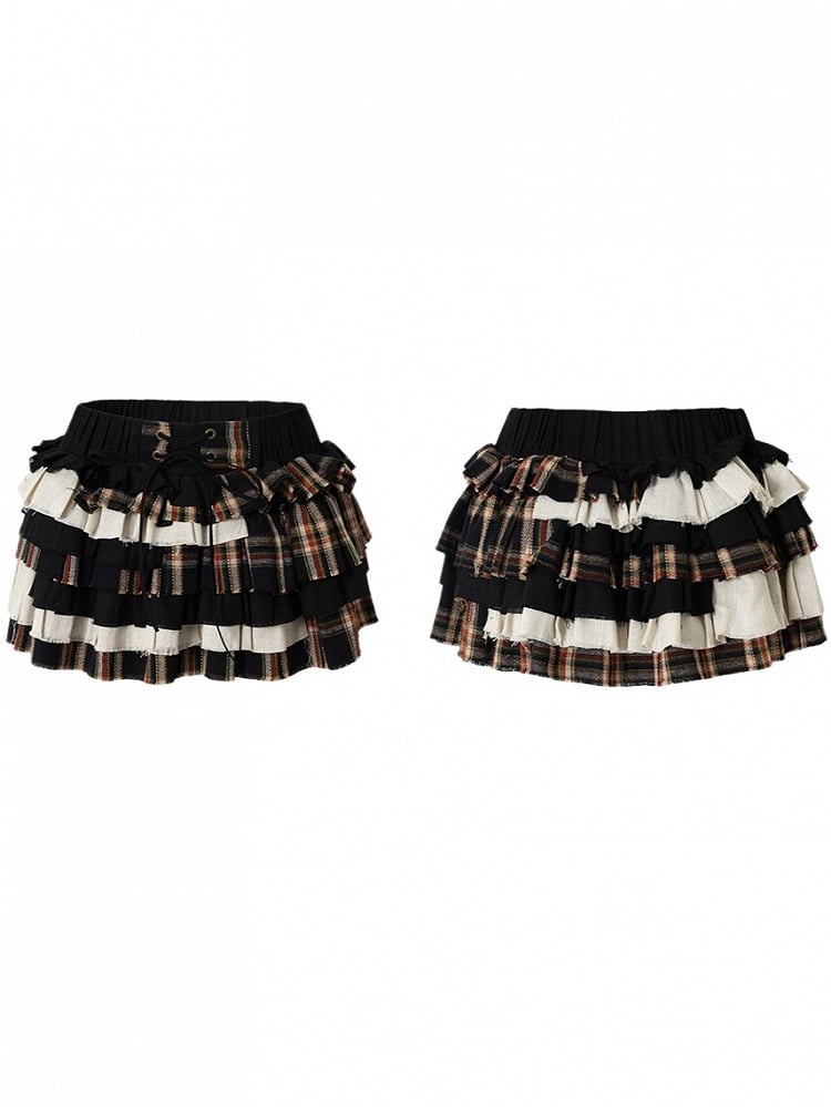 Vintage Punk Shorts Crisscross Plaid Black Skirt Tiered Built-In with Lacing