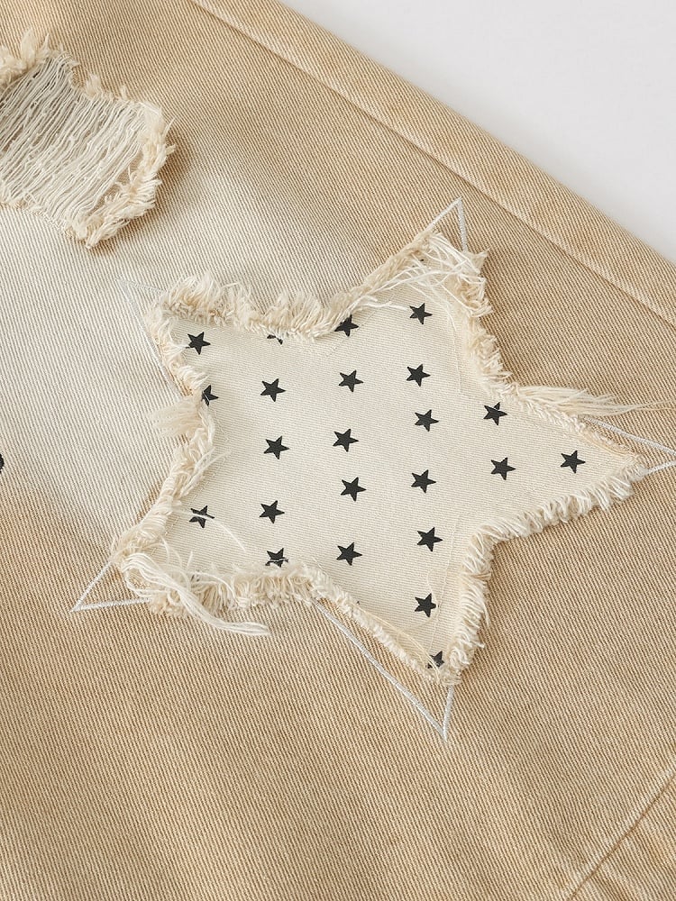 Apricot Distressed Wide-Leg Cropped Denim Pants with Puppy Embroidery & Star Patterns - Languid Park