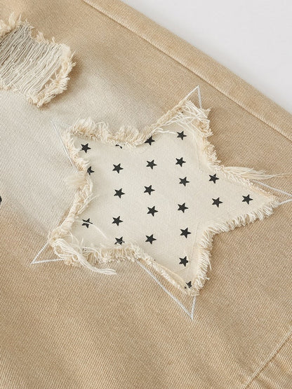 Apricot Distressed Wide-Leg Cropped Denim Pants with Puppy Embroidery & Star Patterns - Languid Park