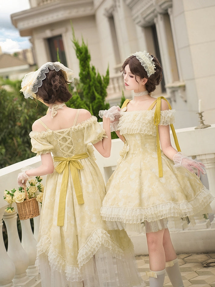 Butterfly Print Light Yellow Off-Shoulder Lolita OP Dress with Detachable Shoulder Straps - With PUJI