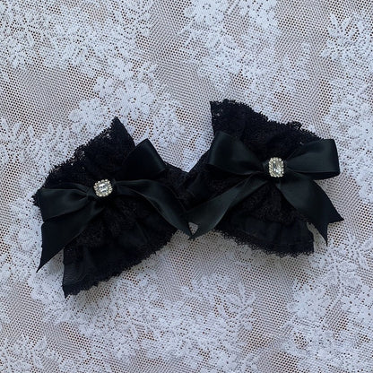 Rhinestone Bow Lace Wrist Cuffs in Black - Ekomi