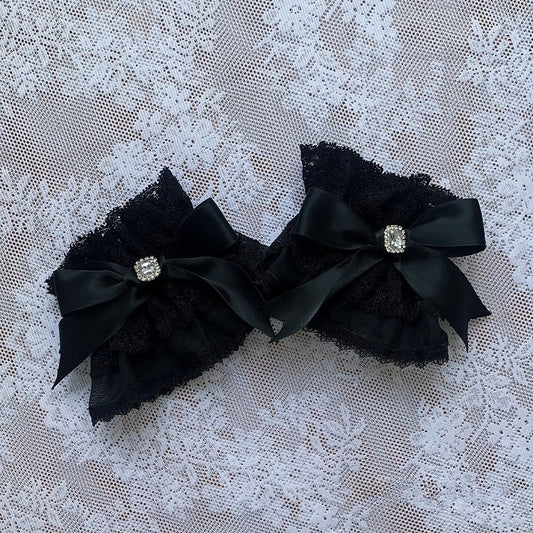 Rhinestone Bow Lace Wrist Cuffs in Black - Ekomi