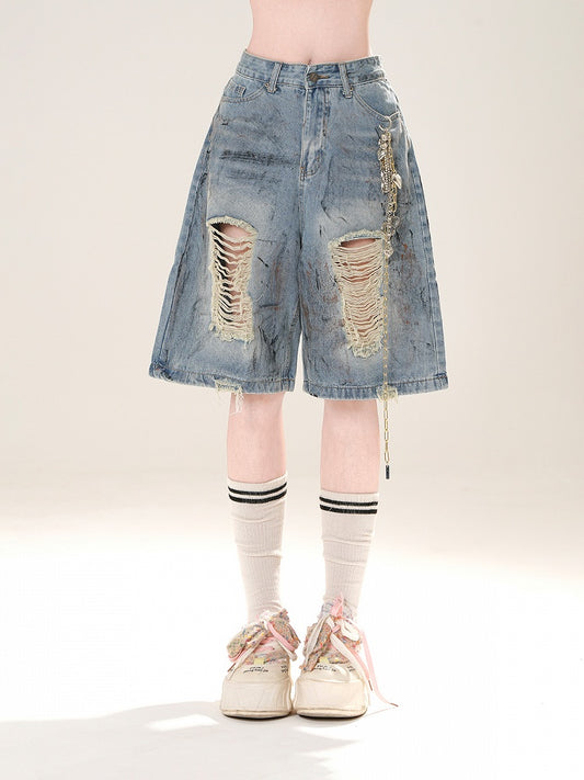 ブルー ディストレストホールズ ストレートレッグ デニム ショートパンツ