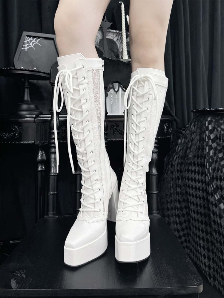 ゴシックホワイトフロントレースアップタイレースプラットフォームハイブロックヒールニーハイブーツ