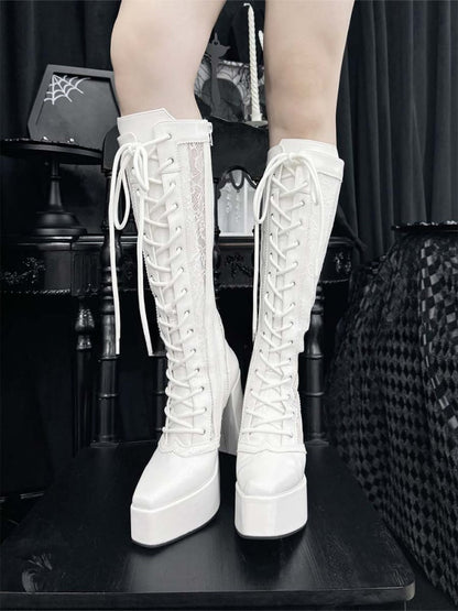 ゴシックホワイトフロントレースアップタイレースプラットフォームハイブロックヒールニーハイブーツ