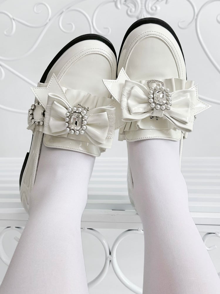 Leather Heels Rhinestone Bead PU Kei with Low Bow Jirai Polished White