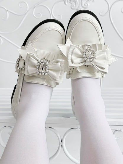 Leather Heels Rhinestone Bead PU Kei with Low Bow Jirai Polished White
