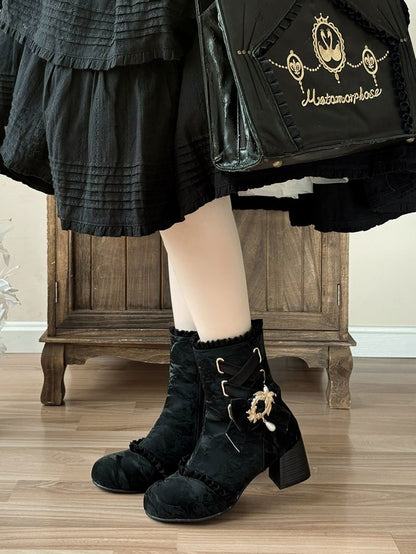 Details - Black Mid-heel the Valley Boots Lily of Trim Bow with Ruffle Detachable Crisscross