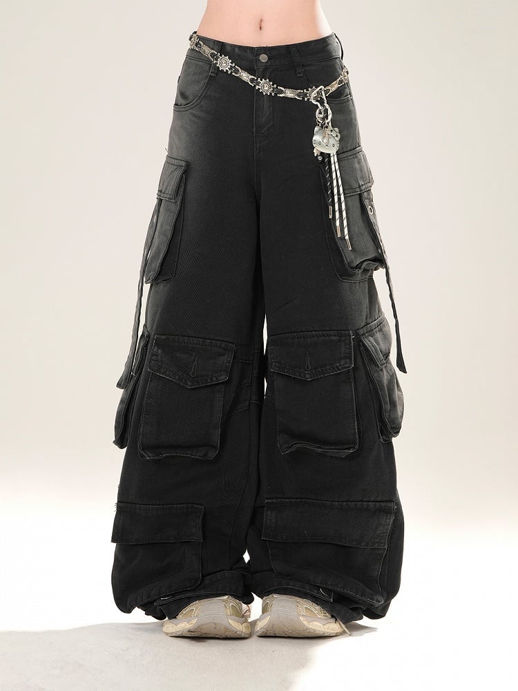 Blau/Schwarze Cargo-Jeans mit weitem Bein und niedriger Taille