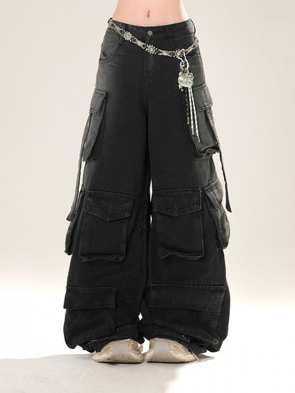 Blau/Schwarze Cargo-Jeans mit weitem Bein und niedriger Taille