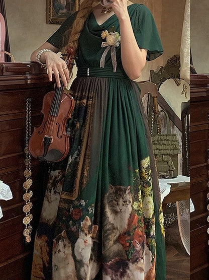 Dark Green Cat Oil Painting Print Butterfly Sleeves Elegant Lolita Maxi Dress with Cowl Neckline