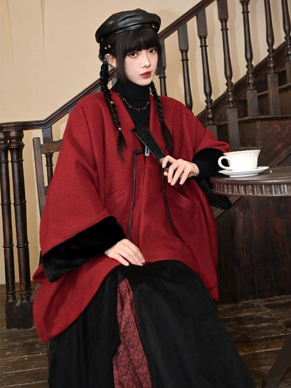 Embellished - Year Red Coat Cuffs Placket Button Plush Sleeve New Tassel Cape