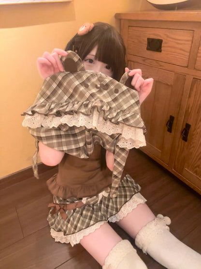 Brown Plaid Convertible Overalls Dress with Bear Hat - kukuwa