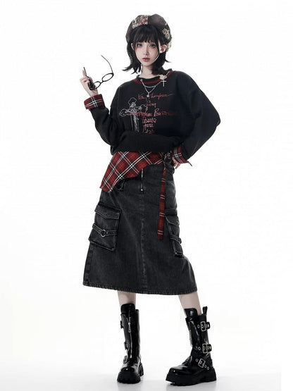 Y2K Black Sweater Print Plaid Distressed Red with Cross Cuffs