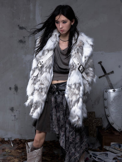 Brown Light Faux with Fur Lapel Wide Ivory Punk Coat PU Buckle Straps