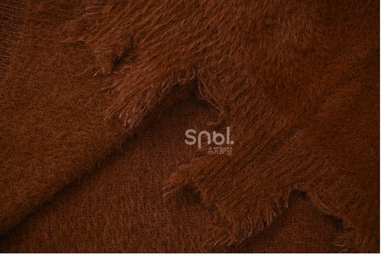 Brown Cute Red Panda Adorned Distress Trim Loose Sweater