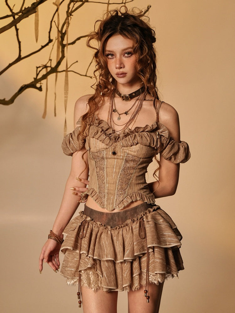 Brown Off-Shoulder Puff Sleeve Blouse with Ruffled Lace - Virtual Orbit
