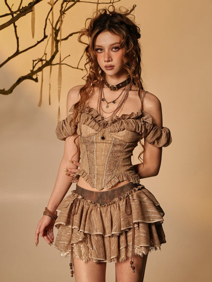 Brown Off-Shoulder Puff Sleeve Blouse with Ruffled Lace - Virtual Orbit