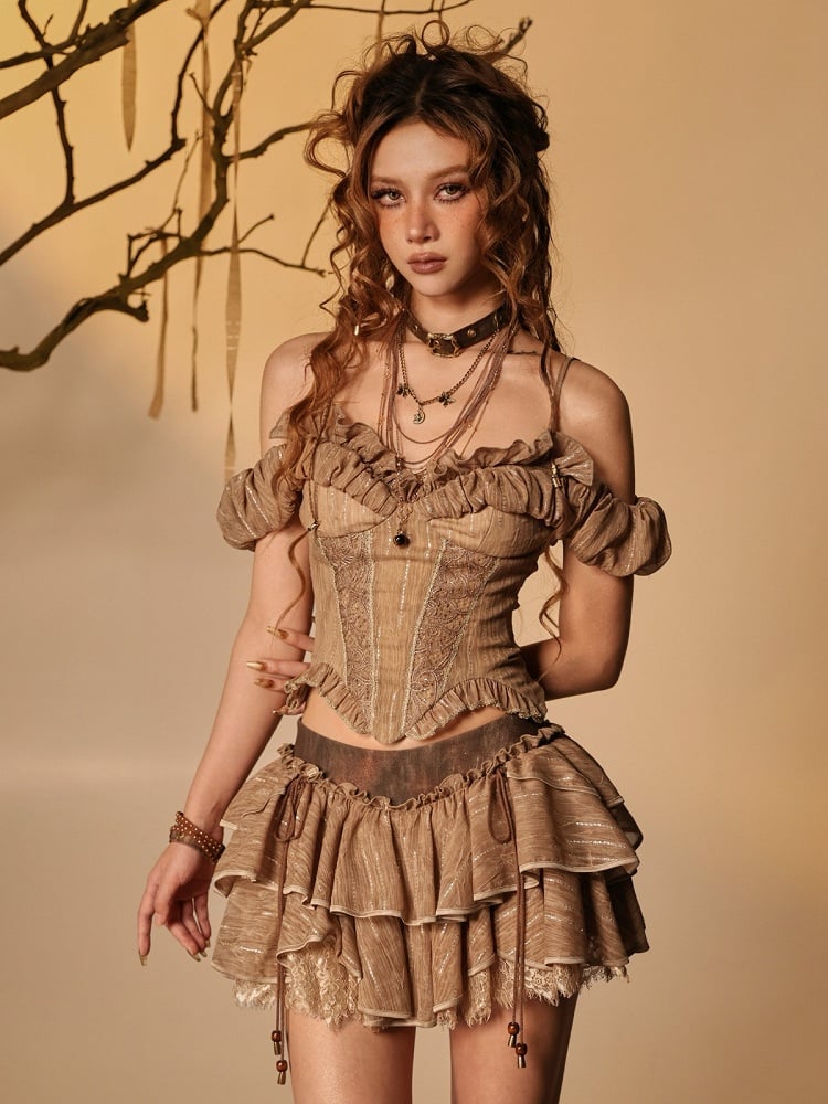 Off-Shoulder Puff Sleeve Top with Ruffles and Lace - Virtual Orbit
