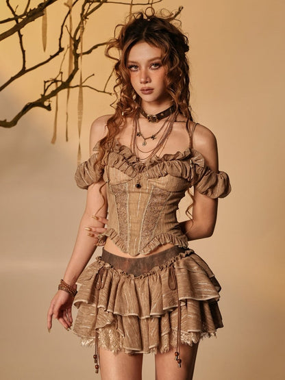 Off-Shoulder Puff Sleeve Top with Ruffles and Lace - Virtual Orbit