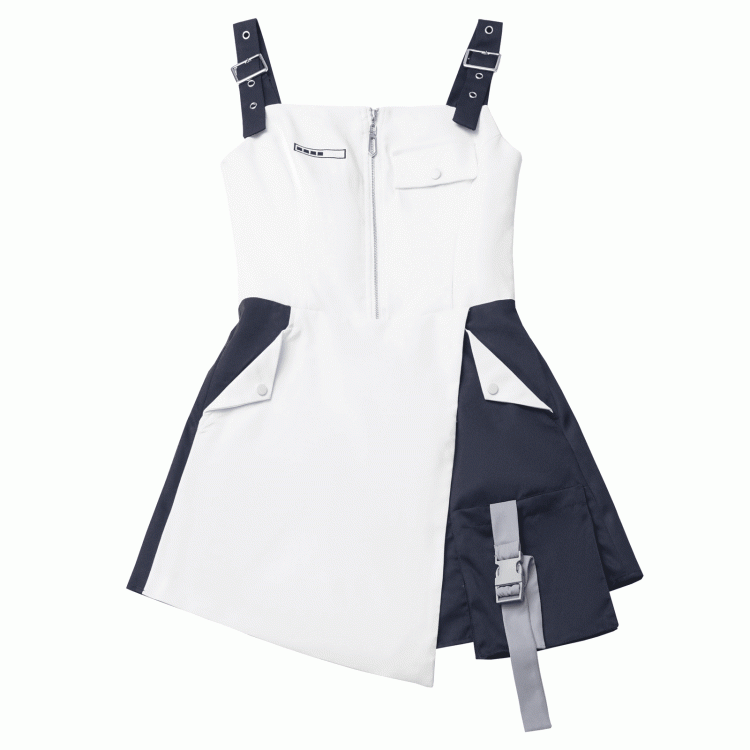 with Loading Bar Embroidery  Partial Front Zipper Blue  White Colorblock Techwear Dress