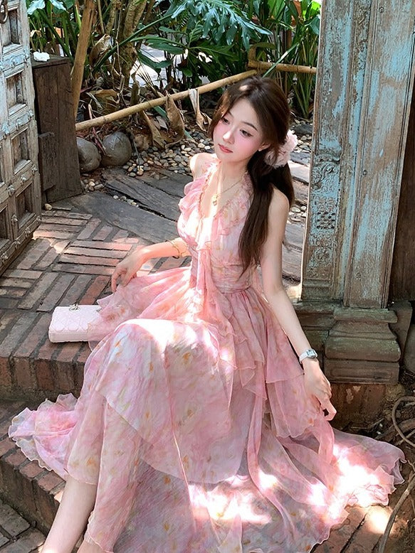 Pink Oil Painting Print Ruffle Trim Summer Holiday Dress - Qchiwawameme