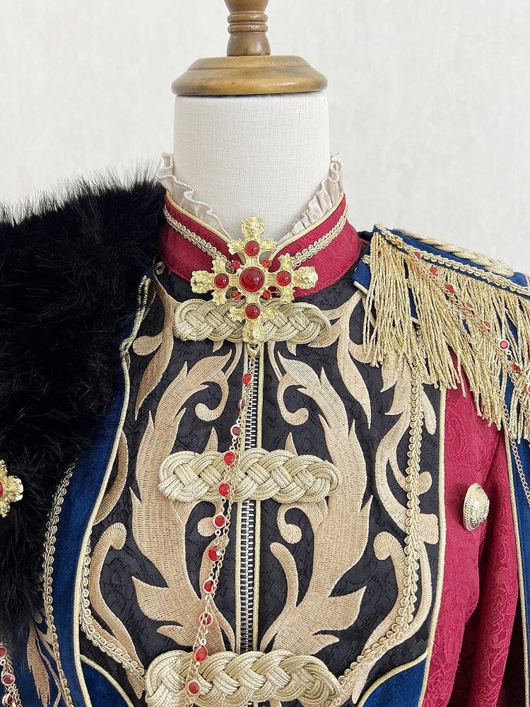 Goldenes Top + Ketten, lang, wunderschöner Stil, Prinzenärmel, blau mit Hose, königlich roter Umhang