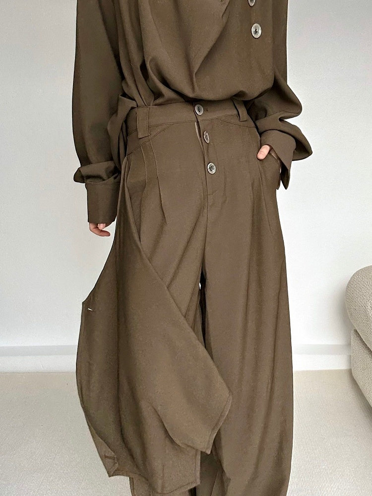 Front Slant Pants Design Wide-leg Coffee Brown with Lolita High-waist Ouji Pockets