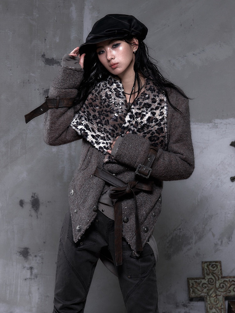 Straps Wool Coat with Tie Vintage Fabric Punk Leopard/Brown PU Reversible