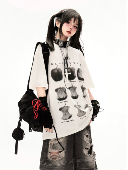 Tシャツ ホワイト ラウンドネック アップルプリント ルーズ