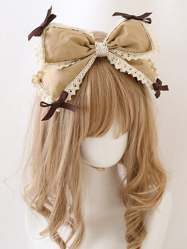 Hairclip Brown Lace Blue - Dusty Sweet Oversized Bowknot / Green Lolita trimmed
