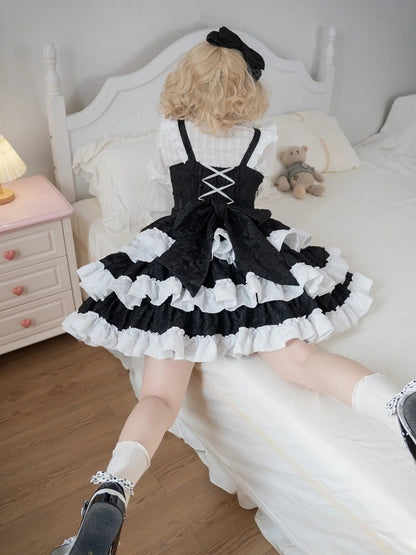 with Waist Tiered White Cute JSK Ruffle Bow Lolita Decorations Black and Boned