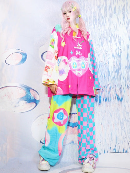 Bone Star 6 Shirt Print Y2K Checked Pattern And Colorful Heart