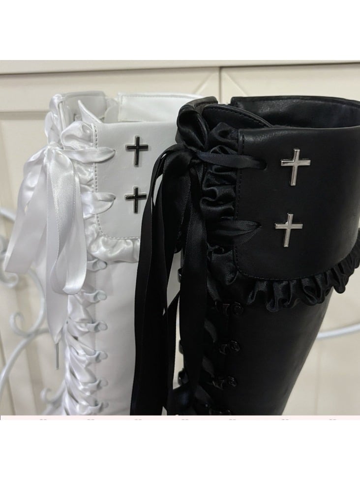Gothic Long Boots with 8CM Cross Cutout Heel and Bow Accents - Night Sakura Water Lantern