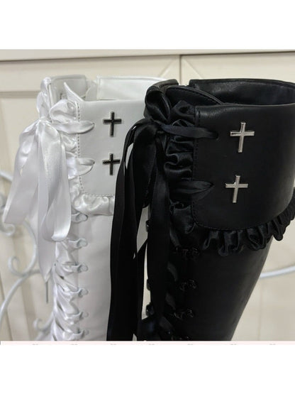 Gothic Long Boots with 8CM Cross Cutout Heel and Bow Accents - Night Sakura Water Lantern