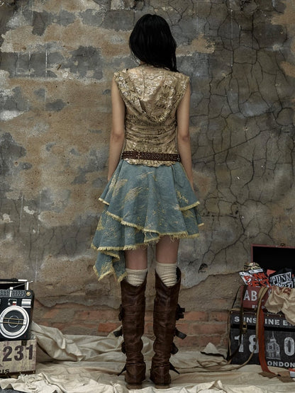 Buchstaben Khaki Top Denim Taschentuch Rock Punk Kapuzenkleid