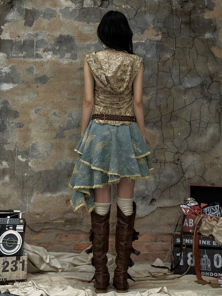 Letters Khaki Top Denim Handkerchief Skirt Punk Hooded Dress