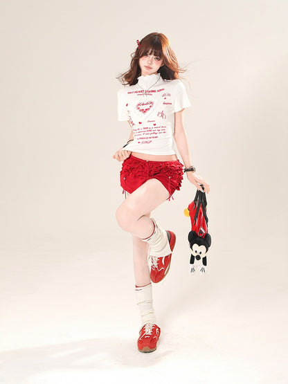 ホワイト/イエロー ハイネック フリル ハート グラフィック Tシャツ